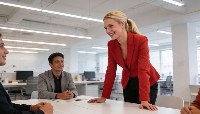Confident female leader in red blazer leaning forward leading collaborative team meeting