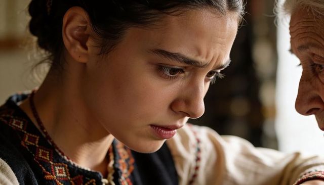Adolescent girl leaning toward elderly relative showing concern and embroidered vest detail