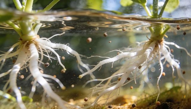 Close-up showing white roots growing in glass jar hydroponic plant cutting propagation