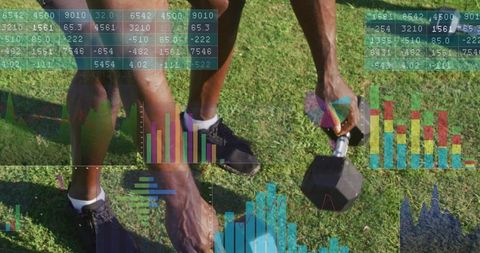 Mature man gripping hex dumbbell with fitness analytics overlays for outdoor strength