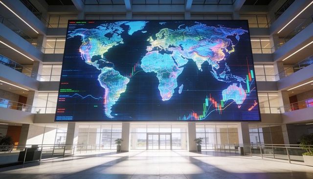 Global Market Data Wall Displaying Interactive World Map and Candlestick Charts in Atrium