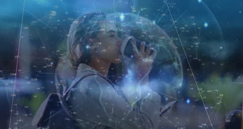 Woman Exploring Data Visualization on Smartphone with Global Connectivity Overlay