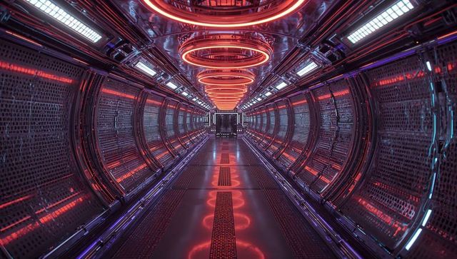 Futuristic Neon-Lit Spacecraft Corridor with Alloy Reflections