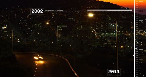 Digital data visualization over city at sunset