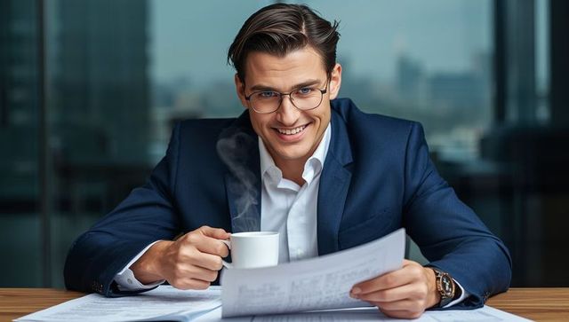 Confident Businessman Reviewing Documents with Coffee in Modern Office