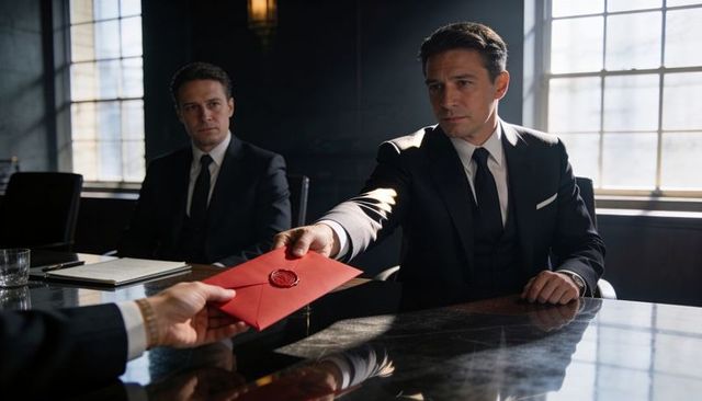 Executive handing red wax-sealed envelope across polished boardroom table, daylight