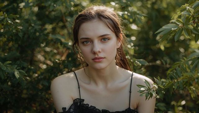 Gazing young woman framed by lush green foliage wearing black lace spaghetti-strap top