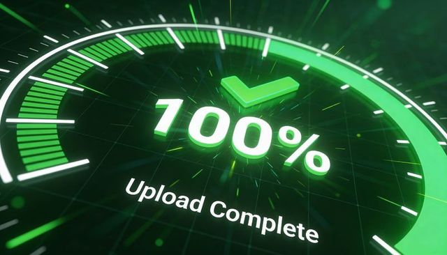 Futuristic neon radial progress gauge showing 100% upload complete with green check