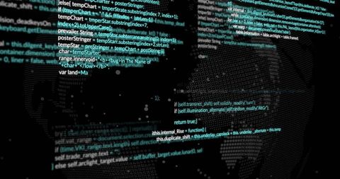 Glowing source code floating over 3D dotted globe cybersecurity data visualization