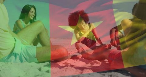 Friends Enjoying Beach with Transparent Flag Overlay