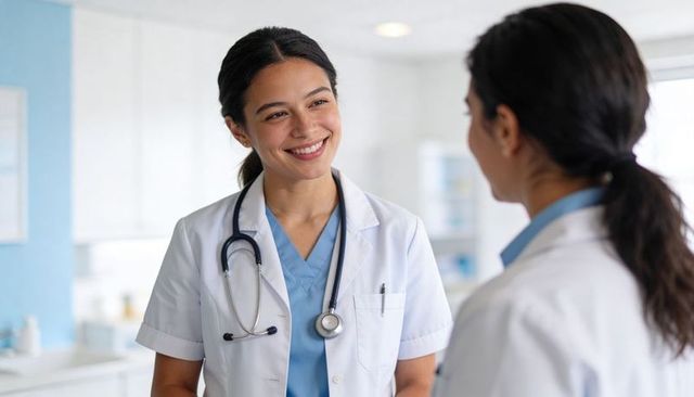 Smiling female doctor consulting with colleague in modern clinic, teamwork and care