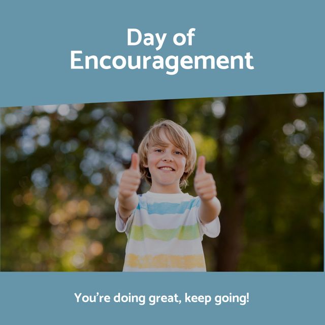 Portrait of caucasian cute boy showing thumbs up in park and you're doing great, keep going text. Childhood, day of encouragement, composite, gesturing, inspire, positive emotion and motivation.