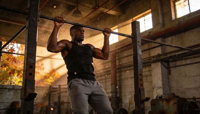 Sunlit industrial gym athlete performing pull-ups on rusted bar, gritty warehouse workout