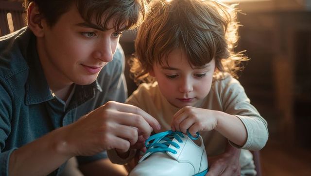 Older brother teaching little brother, tying shoe laces together in sunlit cozy home