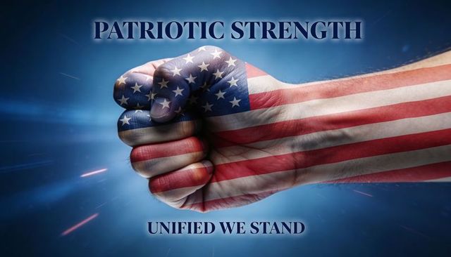 Patriotic strength fist painted with american flag, unified we stand bold unity poster
