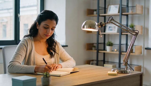 Indian woman writing at sunlit home office desk journaling and planning for productivity