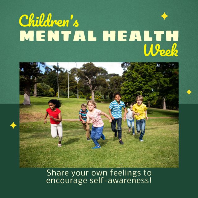 Composition of children's mental health week text and children running in park. Children's mental health week, childhood and mental health awareness concept digitally generated image.