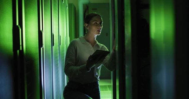 Female IT Technician Working In Data Center With Green Lighting - Download Free Stock Photos Pikwizard.com