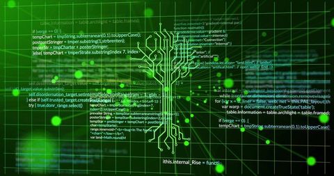 Neon green neural circuit tree on digital code grid representing ai network and data flow
