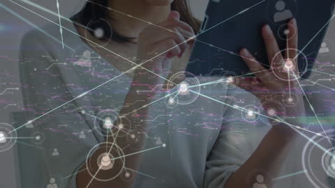 Woman Engaging with Complex Digital Network Interface