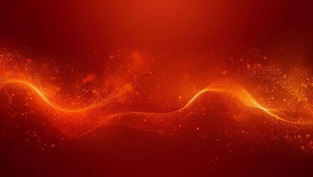 Fiery light ribbon with spark particles on red gradient, abstract neon wave