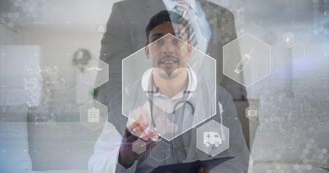 Doctor Engaging with Digital Icons in High-Tech Medical Office