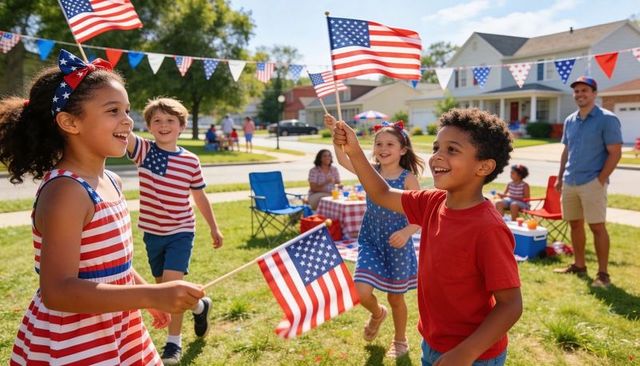 Children waving american flags celebrating neighborhood fourth of july block party
