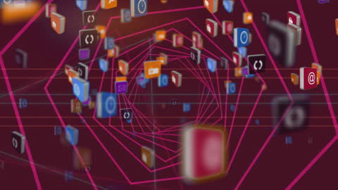 Dynamic 3D Icons Floating in Technical Futuristic Tunnel