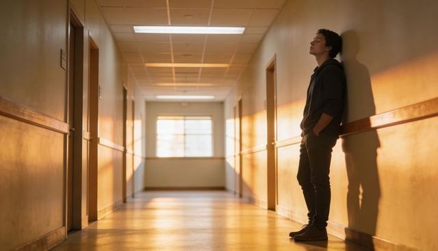 Teenage student leaning in sunlit school corridor reflecting in quiet solitude cinematic