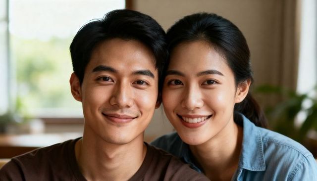Smiling young couple leaning close in sunlit cozy living room, warm intimacy