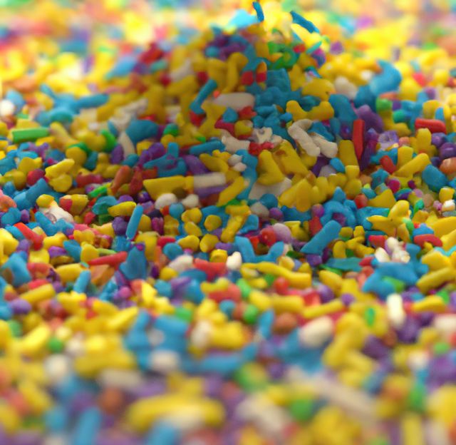 Close-up view of colorful sprinkles, making a vibrant and cheerful background. Perfect for use in baking-related design projects, food blogs, or decorating party invitations. Ideal for festive and fun themes, bringing a pop of color to any creative work.