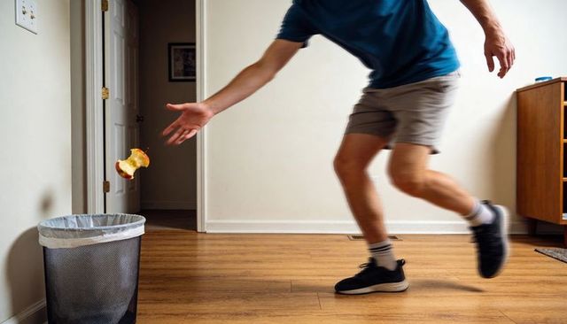 Young man lunging to toss apple core into trash can indoors, candid dynamic action