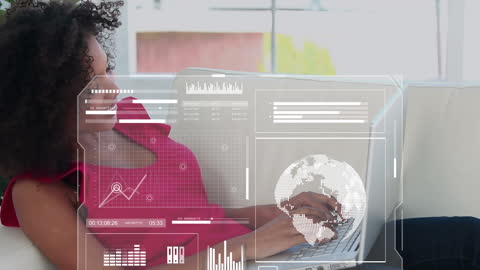 Tech-Savvy Woman Analyzing Data on Laptop with Holographic Graphics