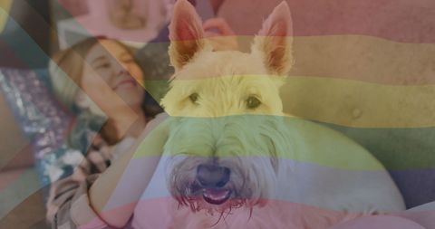 LGBTQ Pride Flag Over Woman with Pet Dog and Smartphone