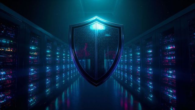 Futuristic digital security shield in data center server aisle