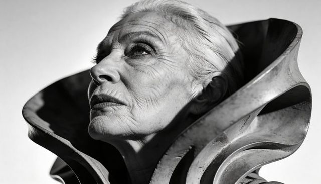 Elderly woman gazing upward wearing sculptural metal collar dramatic monochrome portrait