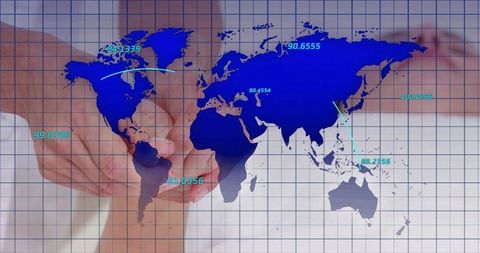 Hands Clasping Over Translucent World Map Representing Global Collaboration and Connectivity
