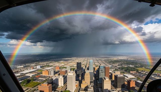 Vivid Rainbow Arching Over Downtown Skyline from Helicopter Cockpit with Dramatic Storm
