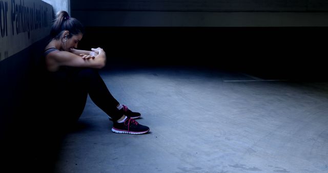 Young woman resting in dimly lit urban parking garage after workout, wearing sportswear. Offers concepts of solitary reflection, urban fitness lifestyle, and personal meditation. Suitable for topics around exercise, mental health, and fitness lifestyle.