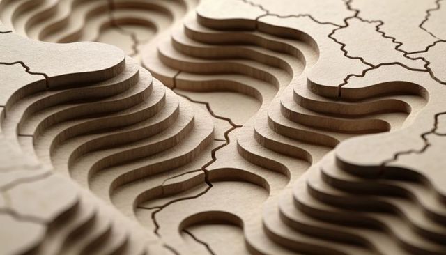 Layered wooden topography model with flowing terraces and laser-cut contour relief macro