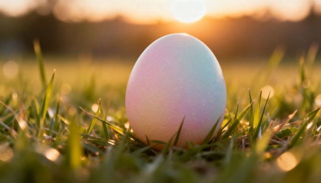 Pastel easter egg resting in dewy grass during golden hour backlit sunrise glow