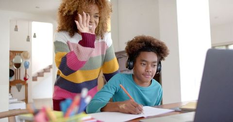 Happy Mother and Son Video Chatting During Home Learning
