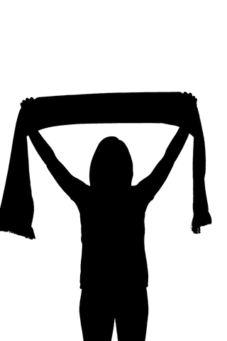 Silhouette of female sports supporter holding scarf on transparent background