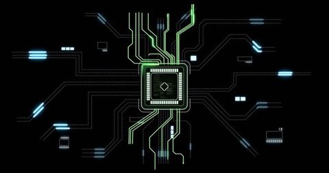 Pulsing microchip sending neon traces across futuristic hud network routing data streams