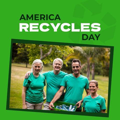 cheerful volunteers celebrating america recycles day in park - Download Free Stock Templates Pikwizard.com