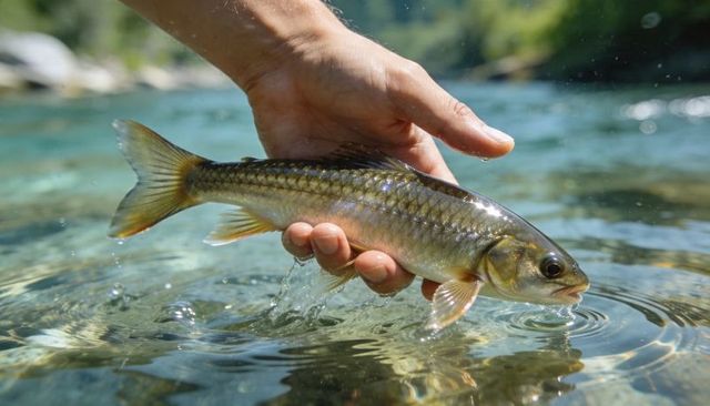 Angler releasing shiny minnow into crystal clear river water during catch and release