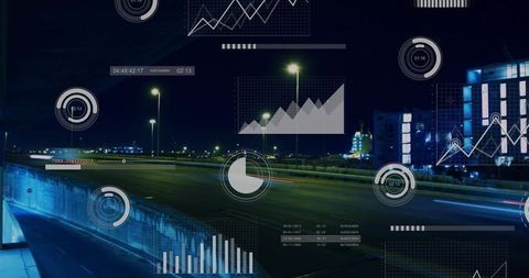 Futuristic Urban Highway with Digital Analytics Overlays at Night