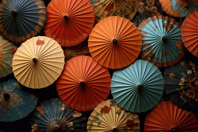 Colorful traditional Asian paper umbrellas viewed from above, showcasing intricate patterns and detailed craftsmanship. Suitable for cultural articles, travel inspiration, interior design ideas, and artistic projects focusing on Asian heritage and traditions.