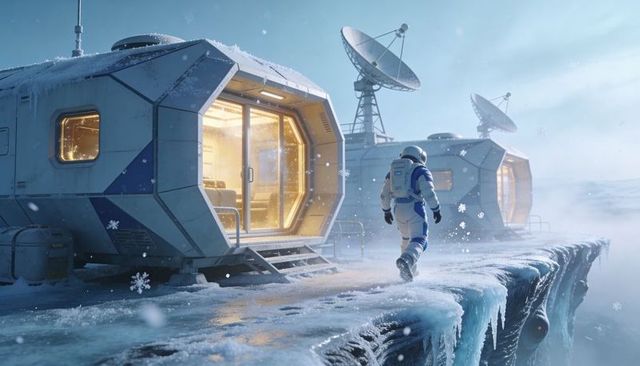Astronaut walking toward modular arctic habitat on icy cliff with satellite dishes