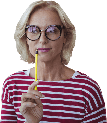 Thoughtful mature woman looking away with pencil transparent background